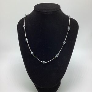 Silver Faux Gray Pearl Station Necklace